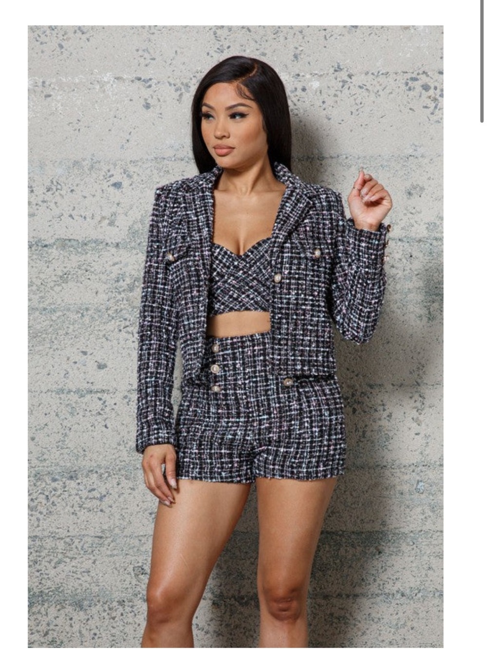 Melrose With Love Tweed Three-Piece Short Set - Black & White with Pink and Gold